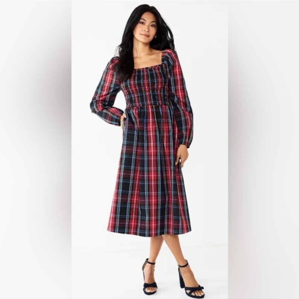 NWOT Draper James Plaid Red/Black Square Neck Long Sleeves Midi Dress Size L